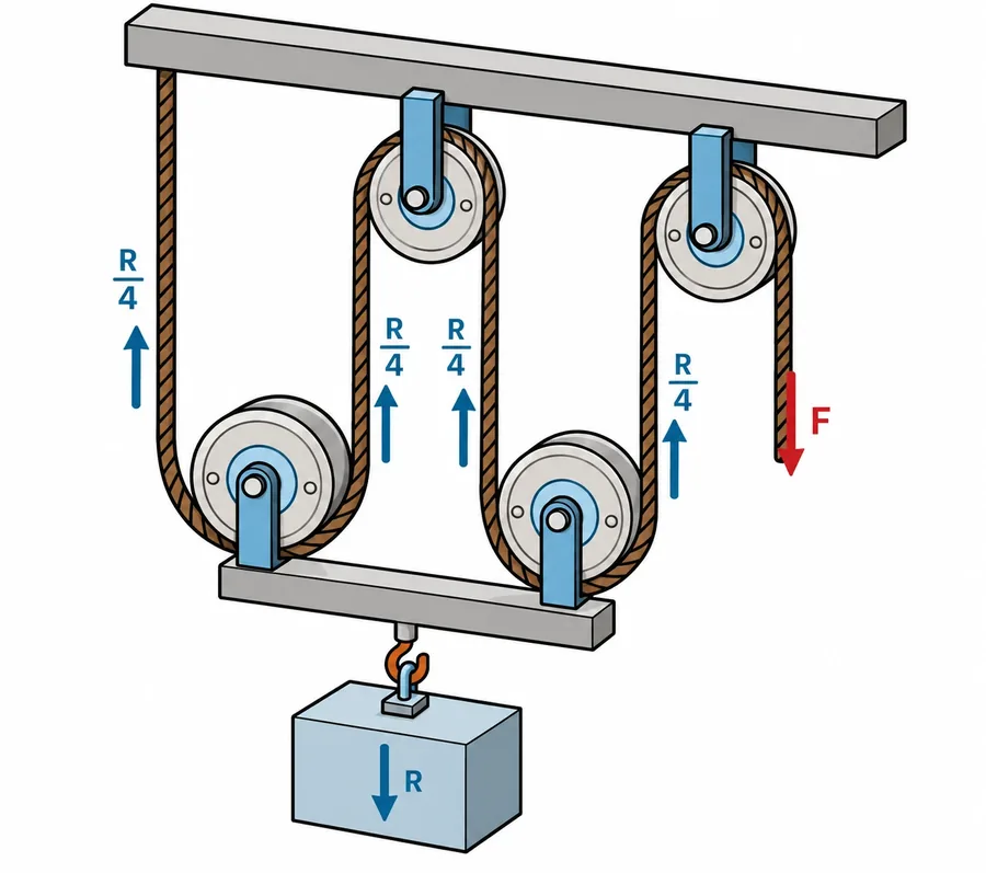 Esquema dun polipasto factorial con dúas poleas fixas na viga superior e dúas móbiles nun bloque inferior do que colga a carga; os catro ramais van marcados con R/4.