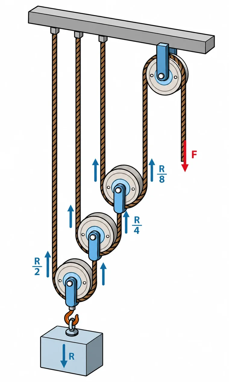 Esquema dun polipasto potencial con tres poleas móbiles en cascada; os ramais van marcados con R/2, R/4 e R/8 ata chegar á forza F.